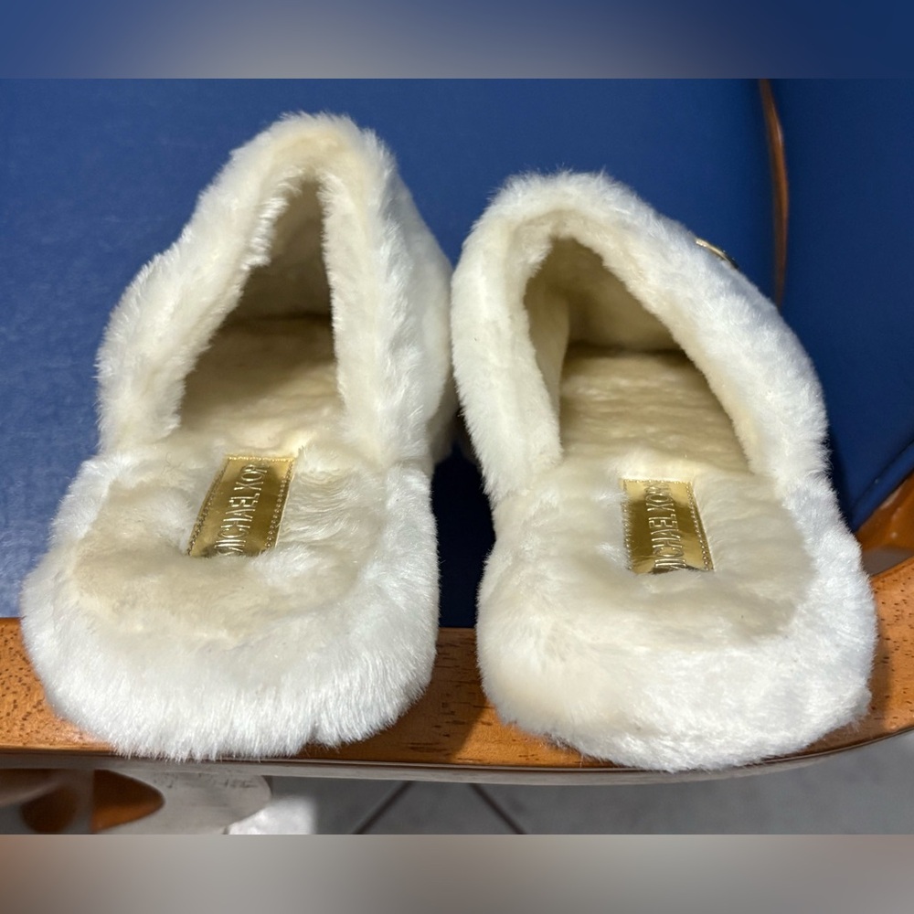 NWOT Michael Kors women's ivory/gold faux fur acrylic closed toe bling slippers - Picture 9 of 11